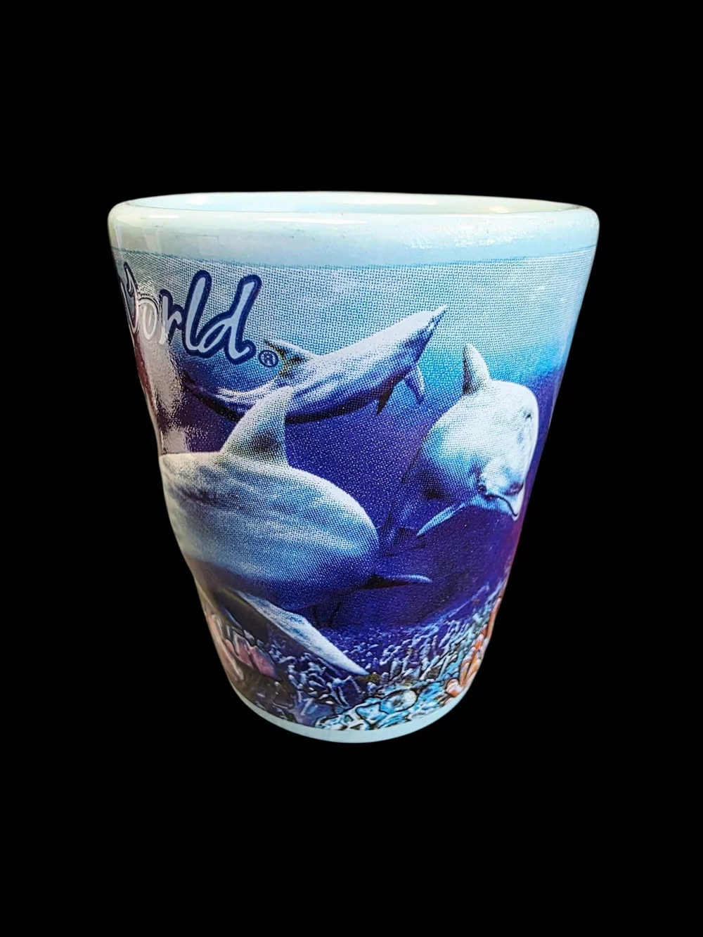SeaWorld vintage 1994 White Ceramic Shot Glass Orca Whales Souvenir Keepsake